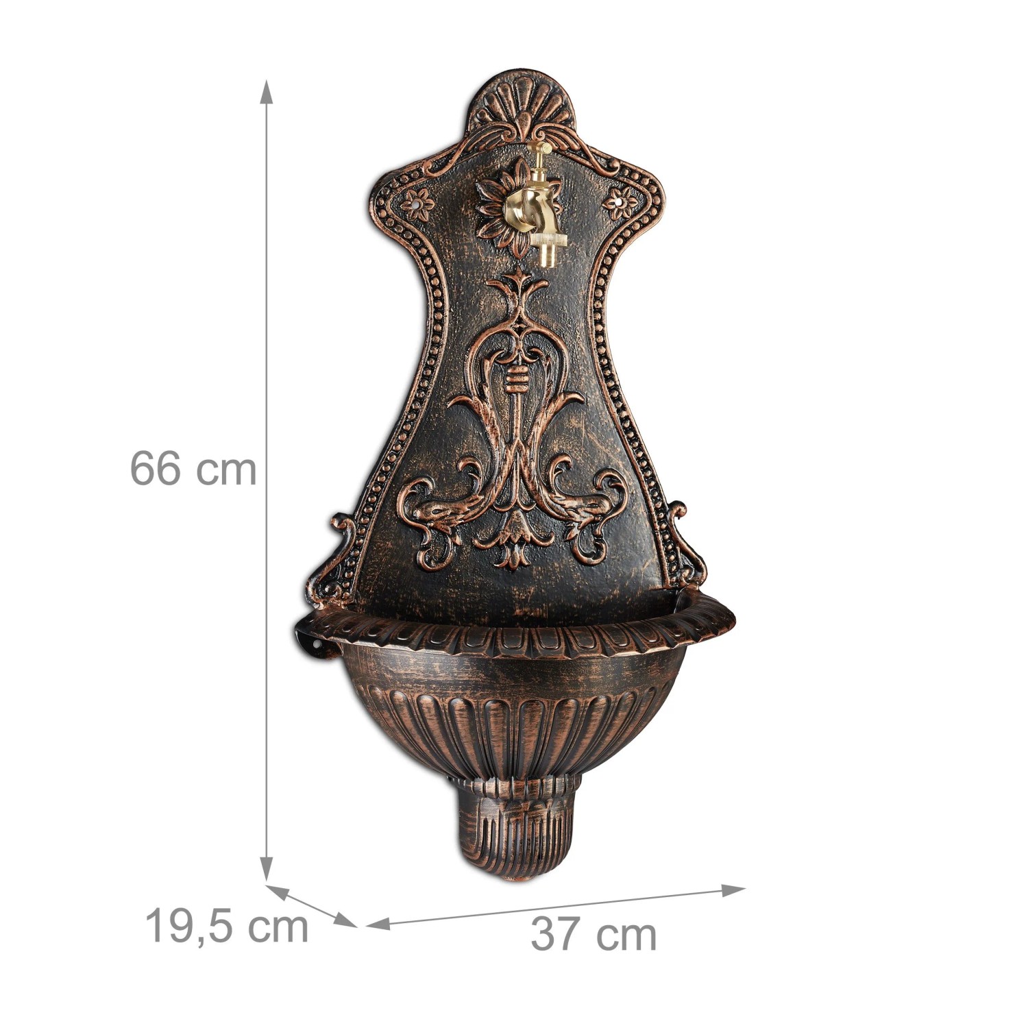 Antiker Wandbrunnen aus Aluminiumguss in Bronze-Gold mit Wasserhahn. Dekorativer Gartenbrunnen für Terrasse, 66x37x19,5 cm.