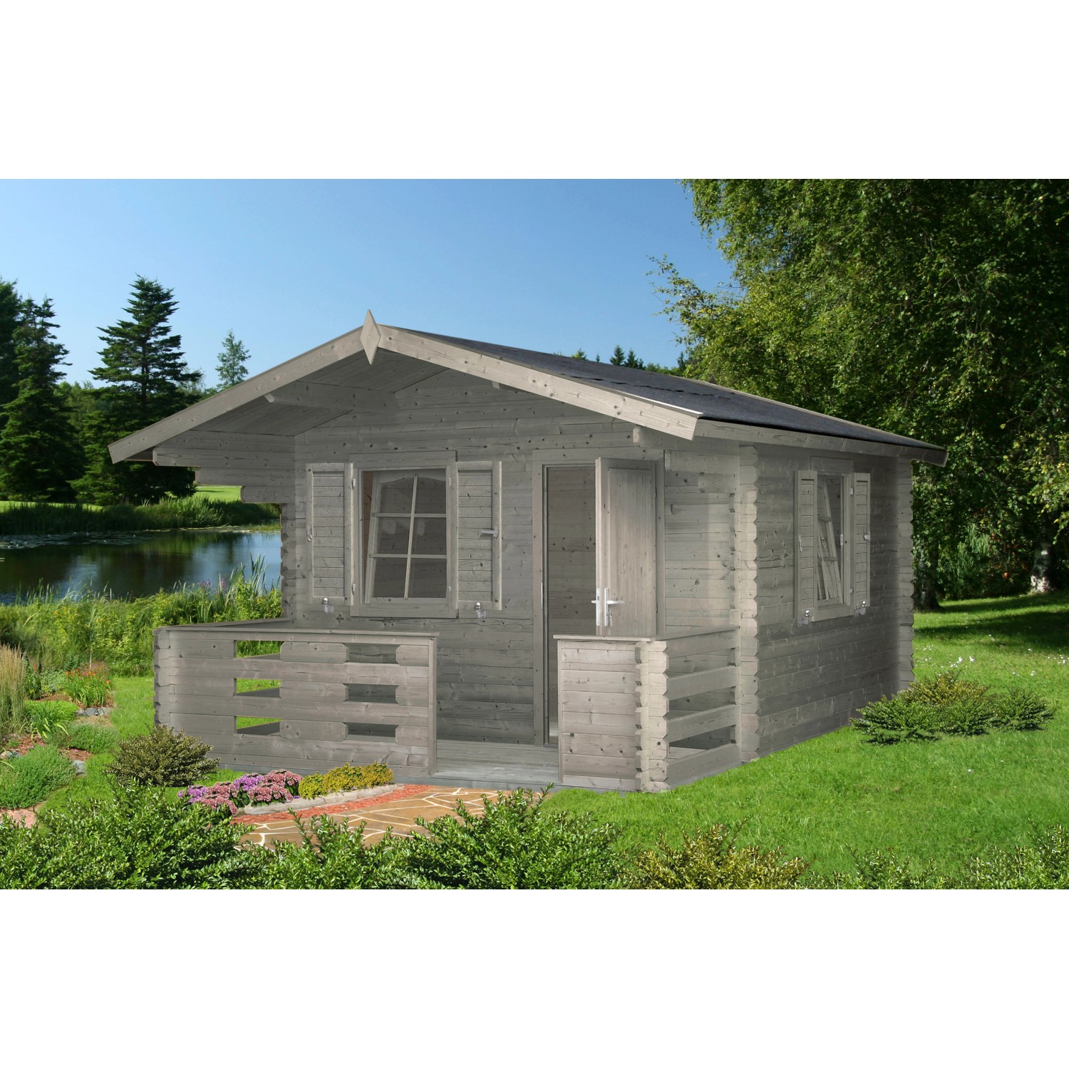 Palmako Emma Holz-Gartenhaus/Gerätehaus Grau Satteldach Tauchgrundiert 330 cm x 330 cm