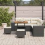 8-teiliges Gartenmöbel-Set: Schwarzes Rattan-Sofa mit Kissen und Akazientisch für Terrasse und Garten.