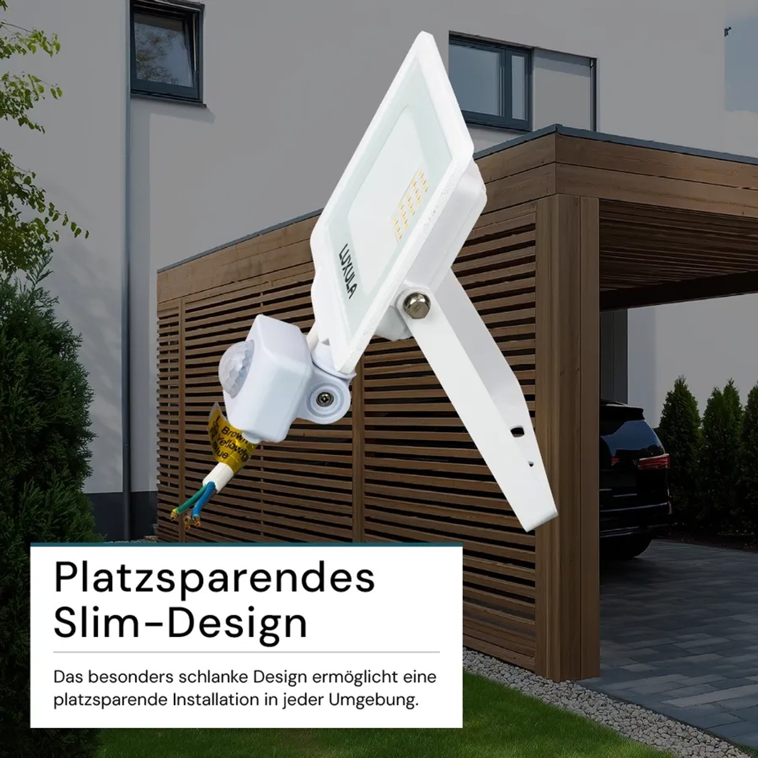 Weißer LUXULA LED Strahler 20W mit Bewegungsmelder für den Außenbereich, Slim Design.