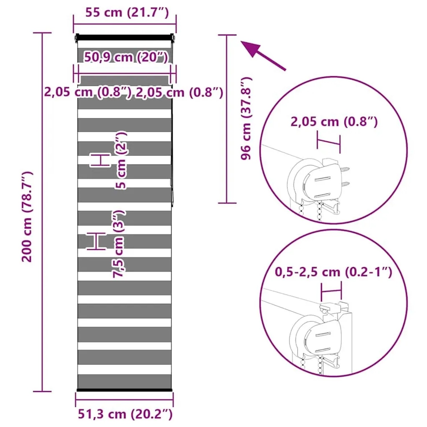 Diagramm eines Doppelrollos mit Zebra-Muster, 55x200 cm Maßen und Montagehinweisen.