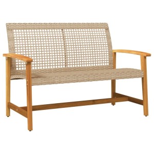 Beige Gartenbank aus Poly Rattan mit braunem Akazienholz-Gestell, 112 cm breit. Robuste Gartenmöbel.