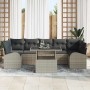 8-teiliges Garten-Sofa-Set hellgrau Poly Rattan mit Tisch und schwarzen Kissen.