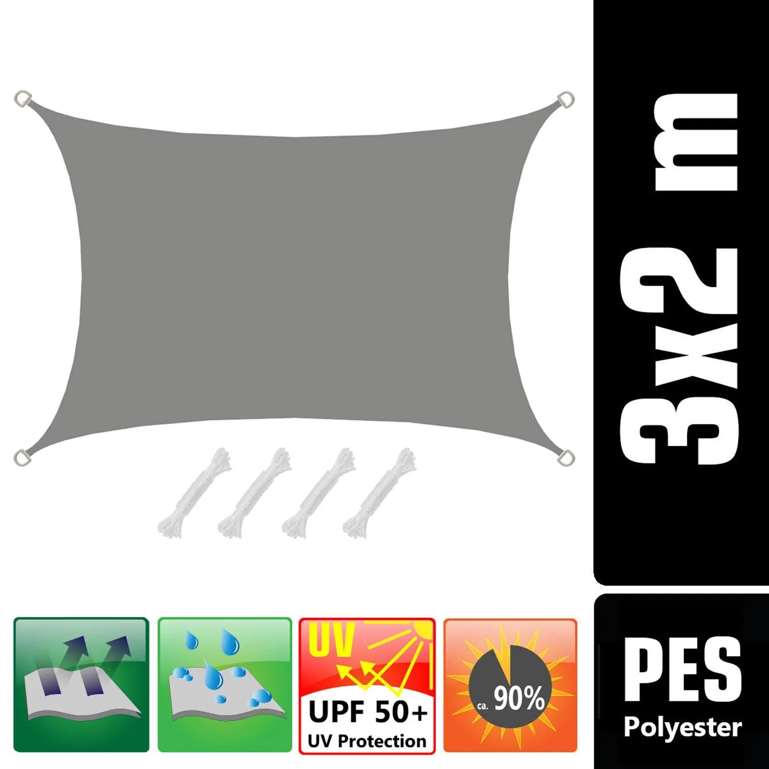 Rechteckiges, graues AMANKA Sonnensegel 2x3m aus Polyester, inkl. Seile für Montage.