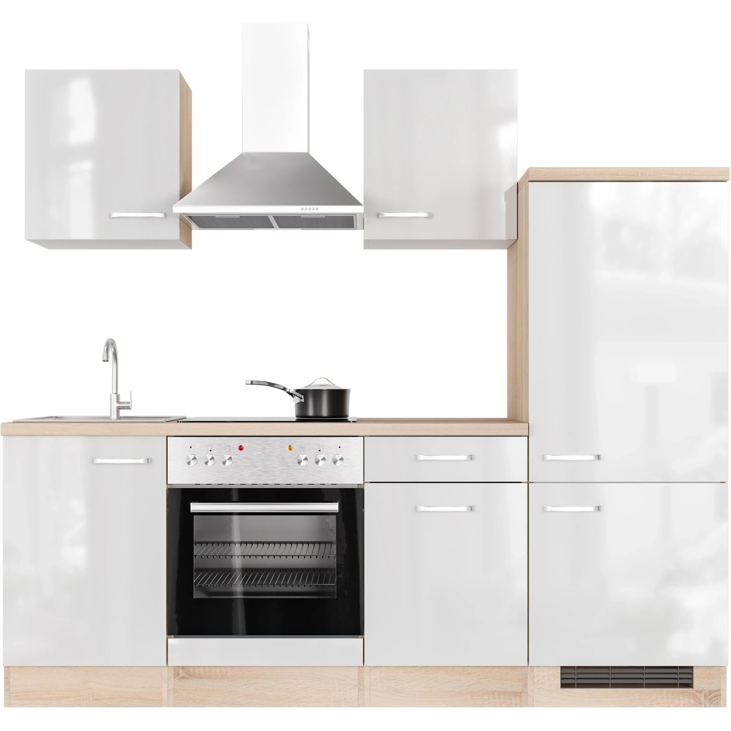 Flex-Well Küchenzeile Valero, 220 cm, Hochglanz Weiß/Sonoma Eiche, mit E-Geräten.