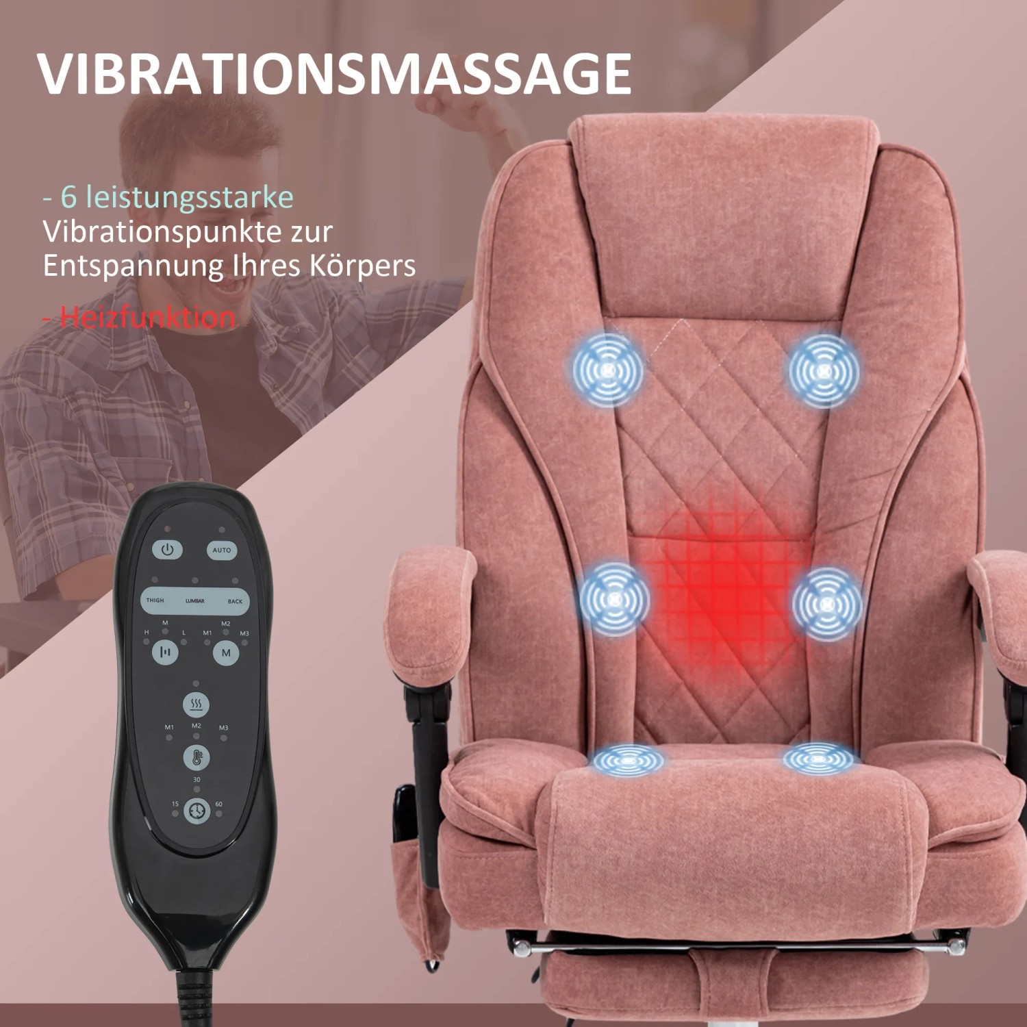 Rosa Bürostuhl mit Massagefunktion und Fernbedienung. Entspannung für Ihr Büro.