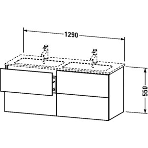 Duravit L-Cube Waschbeckenunterschrank, 129 cm breit, weiß matt, mit Schubladen und Maßen.