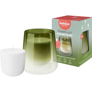 Bolsius Cleanlight Starterkit mit Duftkerze Gardenia & Feige in grün-weißem Glas