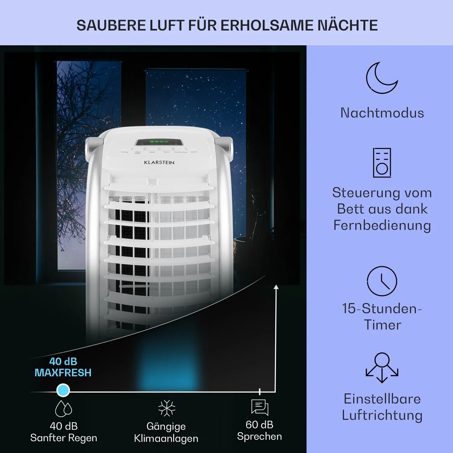 Klarstein Maxfresh Luftkühler, 4-in-1 Klimagerät mit 6L Tank und Timer, weiß.