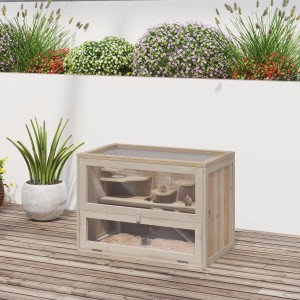 PawHut Nagerkäfig aus Holz mit zwei Ebenen und Rampe, ideal für Hamster und andere Kleintiere.