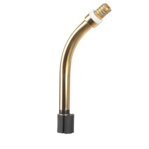 Goldener, gebogener STAHLWERK MIG MAG Brennerhals AK25 MB25 für Schweißbrenner, mit Gewinde und schwarzem Sockel.