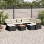 Schwarze 10-tlg. vidaXL Garten-Sofagarnitur aus Rattan mit cremefarbenen Kissen und Tisch.