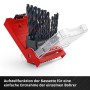 Einhell Metallbohrer-Set, 19-teilig, HSS-R, 1-10 mm, in roter Kassette mit transparentem Deckel.