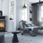 Fireplace Lyon Kaminofen mit Specksteinverkleidung in Schwarz, 8 kW Leistung im Wohnraum.