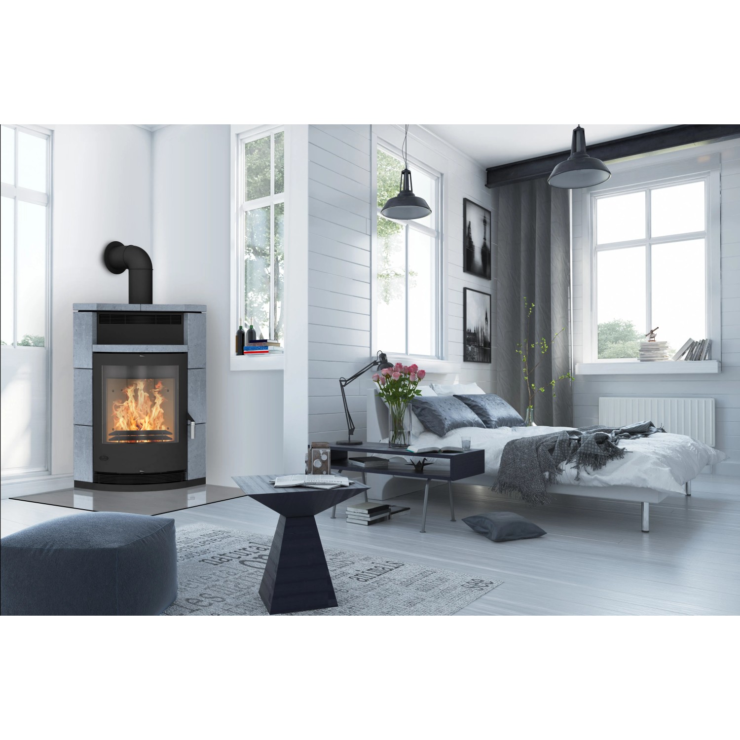Fireplace Lyon Kaminofen mit Specksteinverkleidung in Schwarz, 8 kW Leistung im Wohnraum.