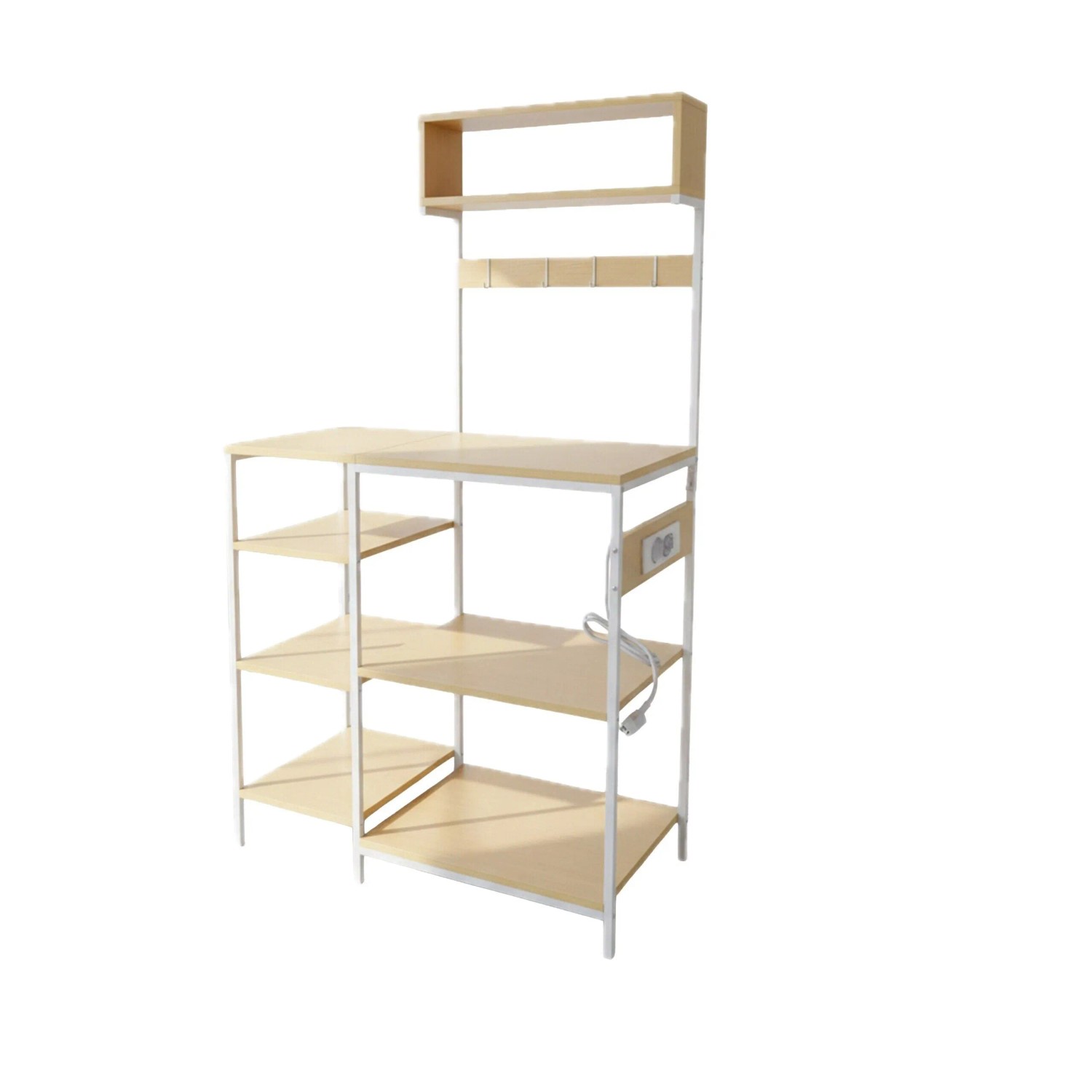 Relaxdays Küchenregal Metall Holzoptik Weiß Mehrere Ebenen mit Steckdose 151 cm x 82 cm x 40 cm
