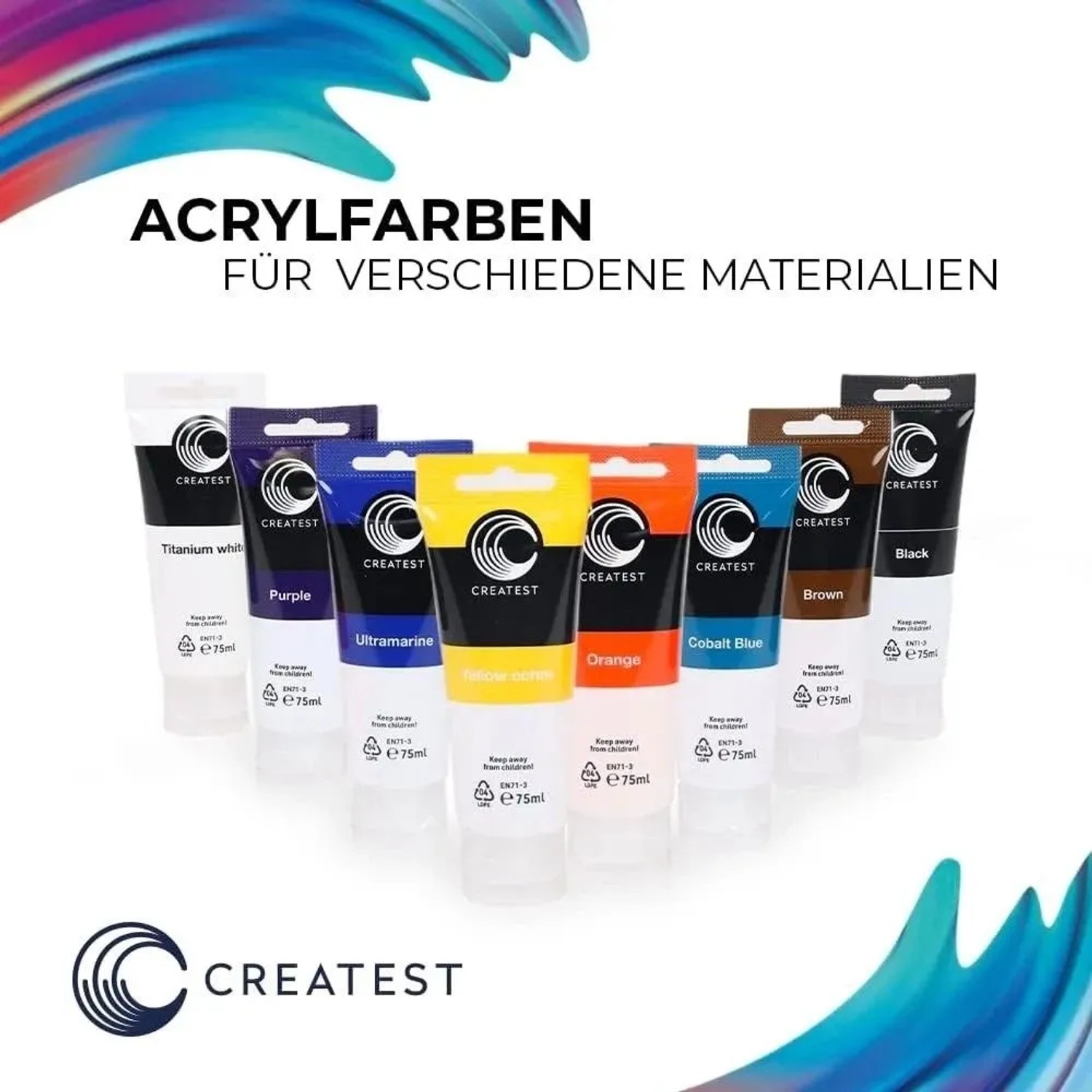 CREATEST Acrylfarben-Set mit 16 Farben, Pinsel und Mischpalette. Wasserfeste Farben für Leinwandmalerei.