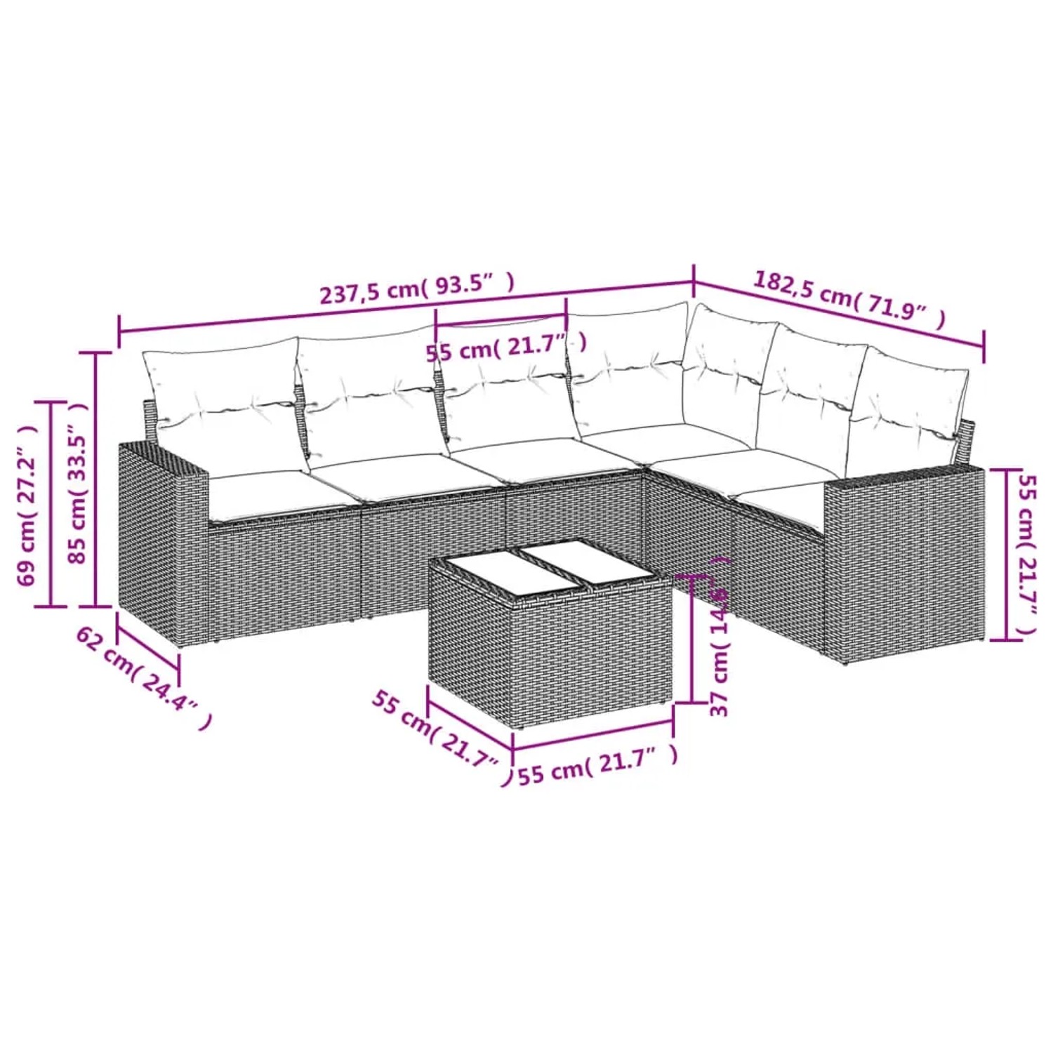 Beige 7-tlg. vidaXL Garten-Sofagarnitur aus Rattan mit Kissen und Tisch.