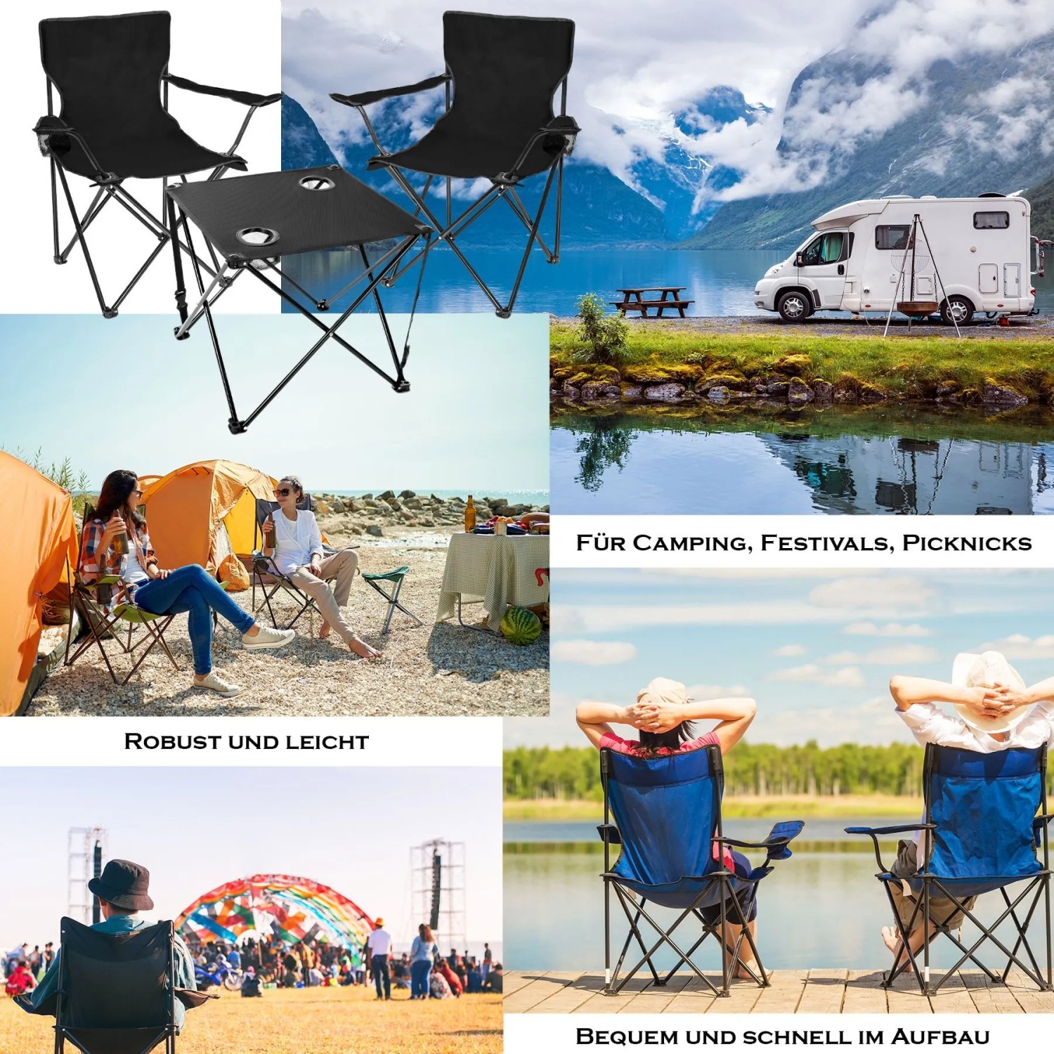 BigDean Camping Set: 2 Faltstühle, 1 Klapptisch, schwarz. Ideal für Camping, Garten & Outdoor.