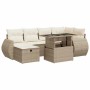 Beige 7-tlg. vidaXL Garten-Sofagarnitur aus Rattan mit Tisch und cremefarbenen Kissen.