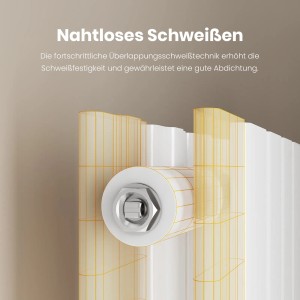 Detailaufnahme: Nahtlose Schweißtechnik des weißen Emke Heizkörpers für hohe Stabilität und Dichtigkeit.