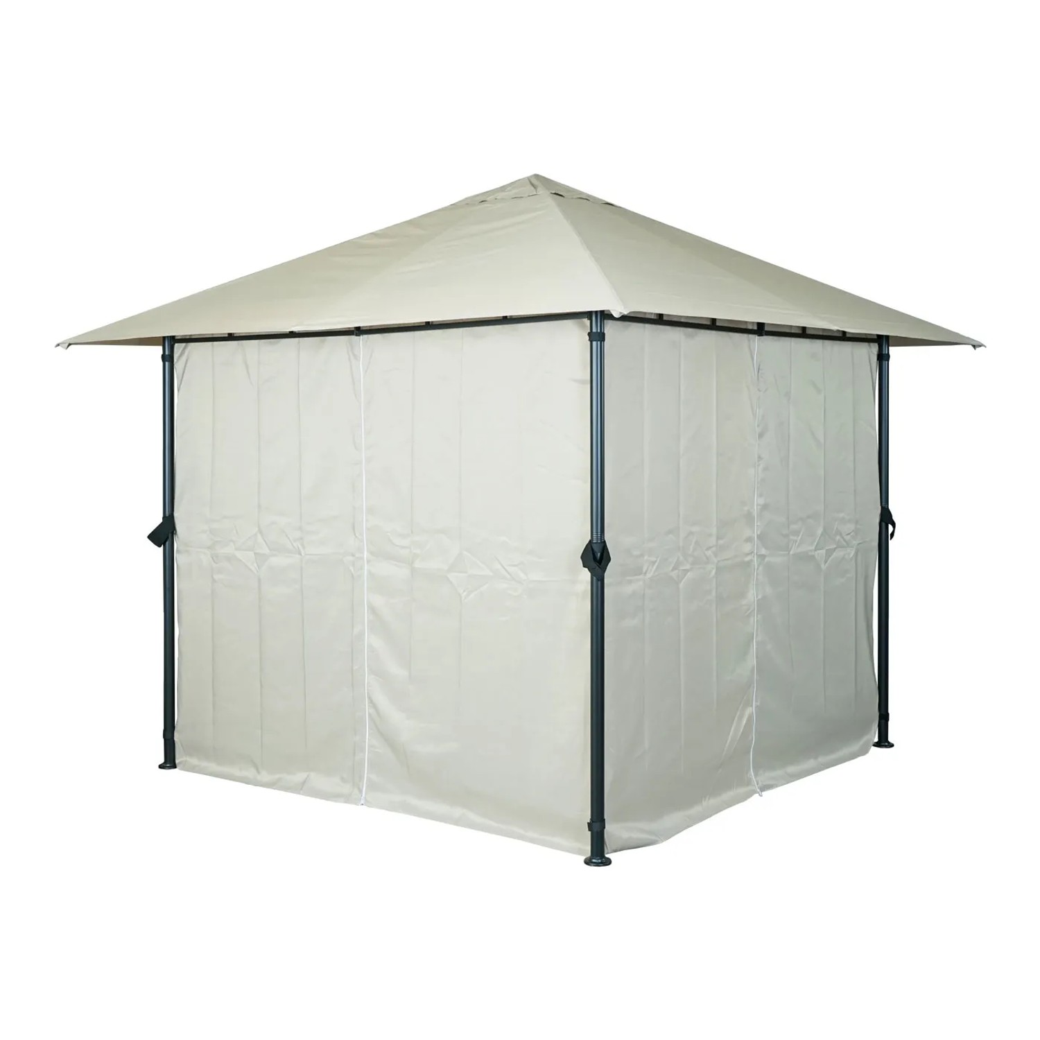 Creme-beige MCW Pergola J63 mit Dach und Seitenwänden. Terrassenüberdachung mit UV-Schutz und Windschutz.