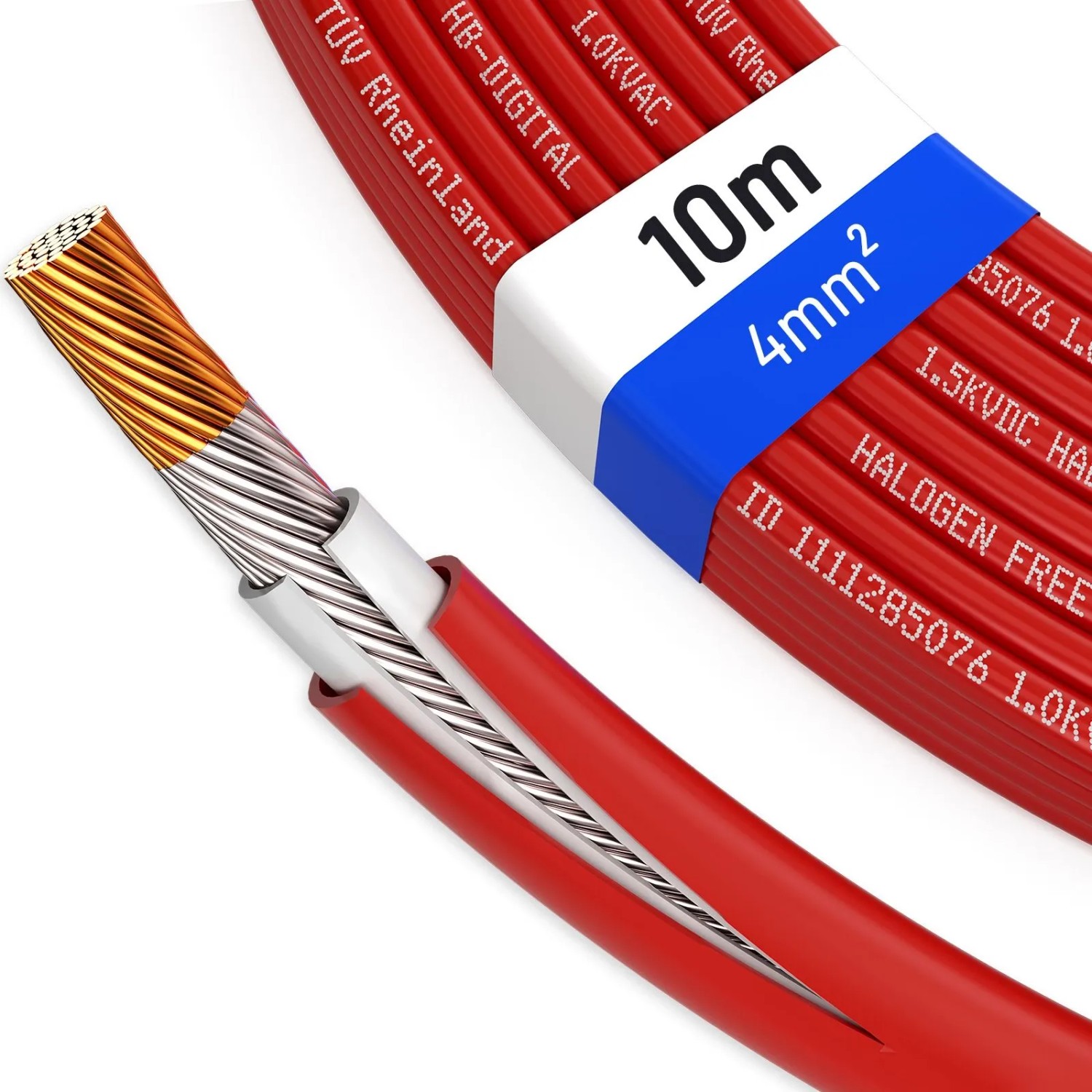 hb-digital Solarkabel 4 mm² H1Z2Z2-K TÜV zertifiziertes Photovoltaik Kabel für PV Anlagen 10m rot