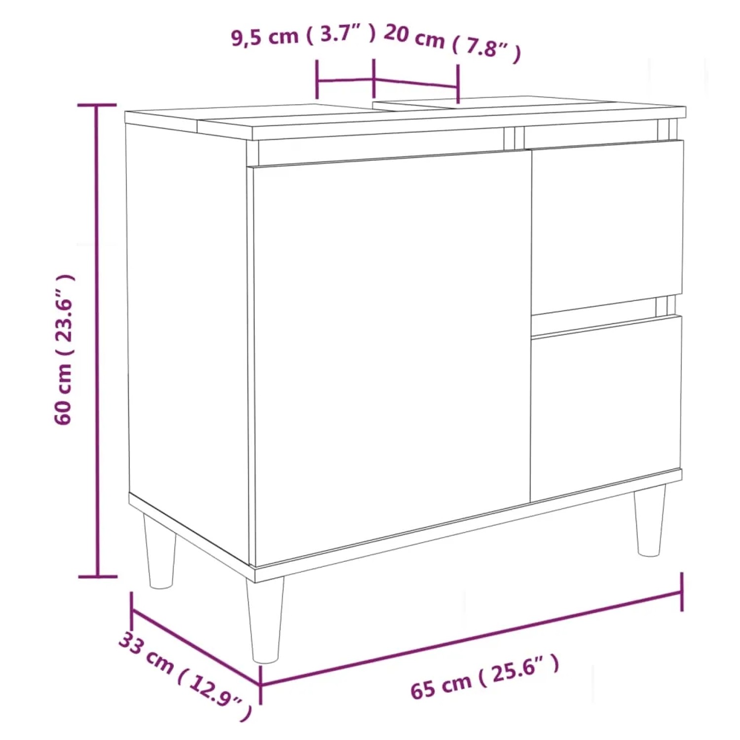 Schwarzer Badschrank (65x33x60 cm) aus Holzwerkstoff mit Schubladen und Tür.