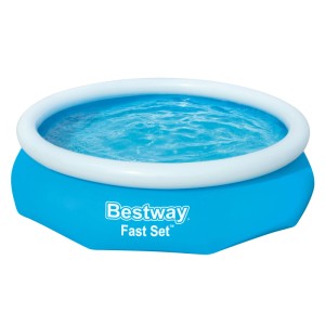 Blauer Bestway Fast Set Aufstellpool, rund, mit weißem Luftring und Wasser. Ideal für den Garten.