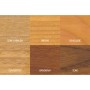Farbmuster von Bondex Bangkirai-Öl für verschiedene Holzarten, z.B. Teak, Lärche, Douglasie, Eukalyptus.