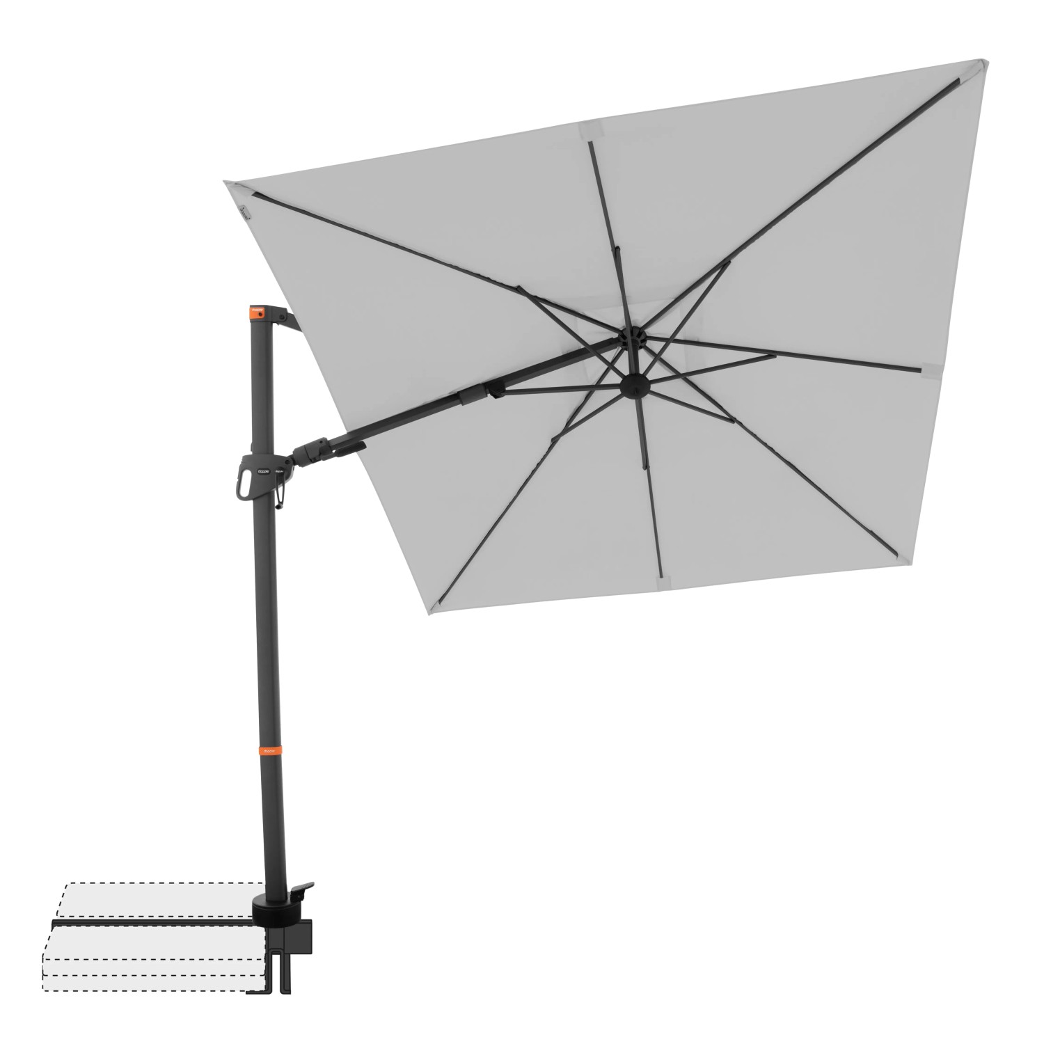 Hellgrauer Doppler Ampelschirm MyZone, 210x210 cm, mit Dreh- und Neigungsfunktion.