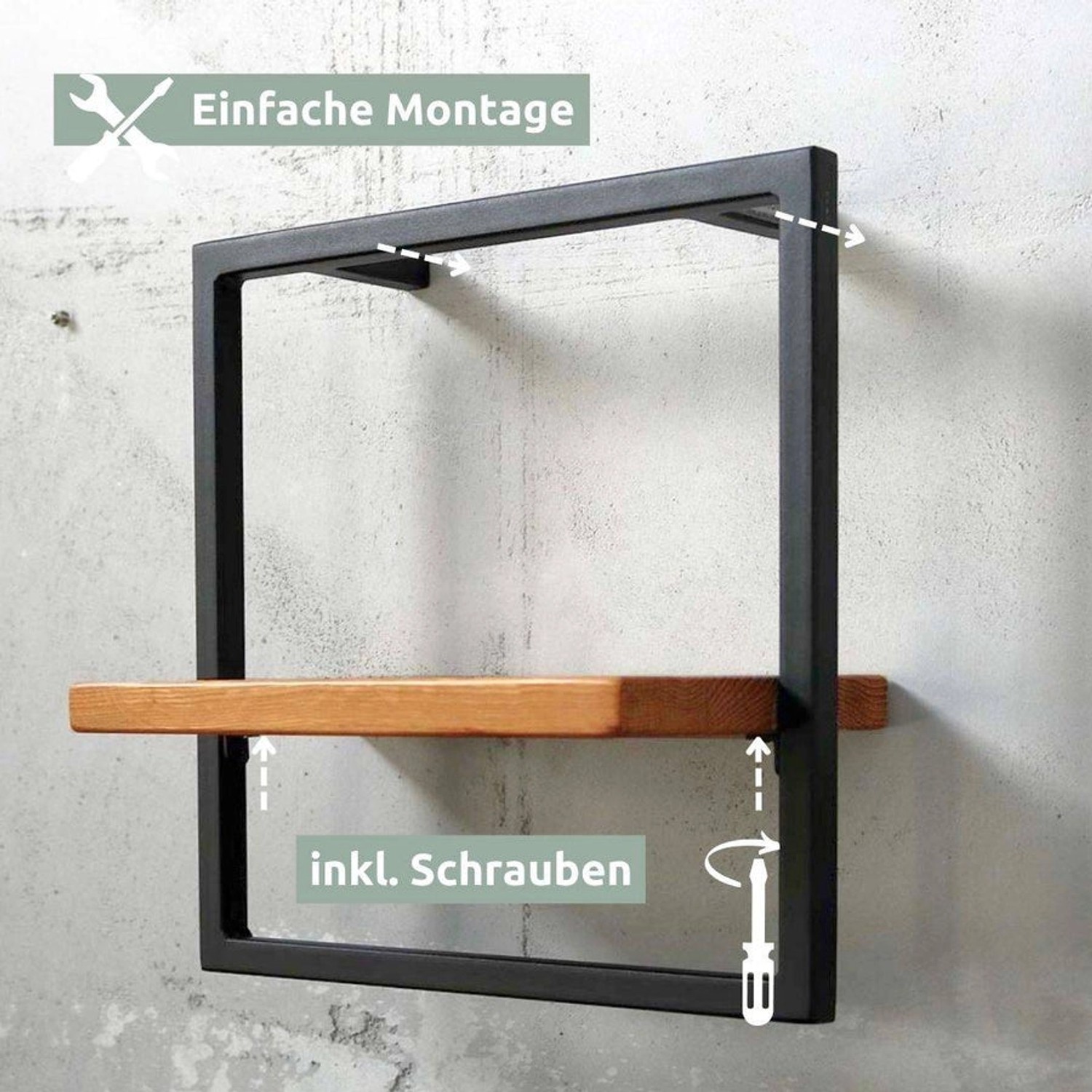 Holz4home Wandregal Small Schwarz: Wandboard mit Eichenholz und schwarzem Metallrahmen im Industrial Style.