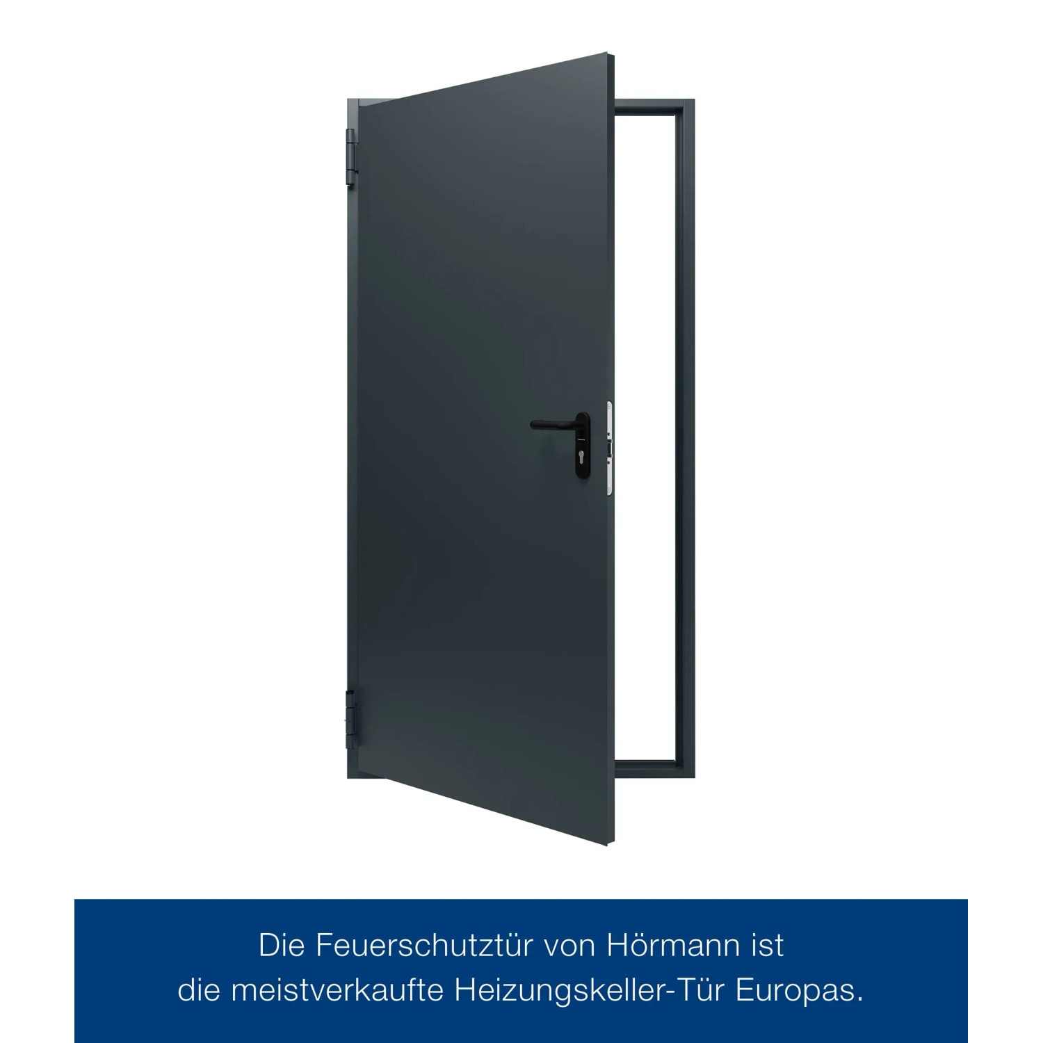 Geöffnete, anthrazitgraue Hörmann Mehrzwecktür/Kellertür H8-5 (RAL 7016) mit Türrahmen.