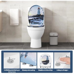 WOLTU WC-Sitz Duroplast mit Leuchtturm-Motiv, Absenkautomatik und Schnellbefestigung auf weißem WC.