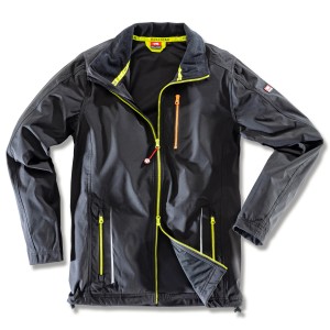 Schwarze Bullstar Light-Softshelljacke Ultra, Größe S, mit gelben Reißverschlüssen und Reflexelementen.