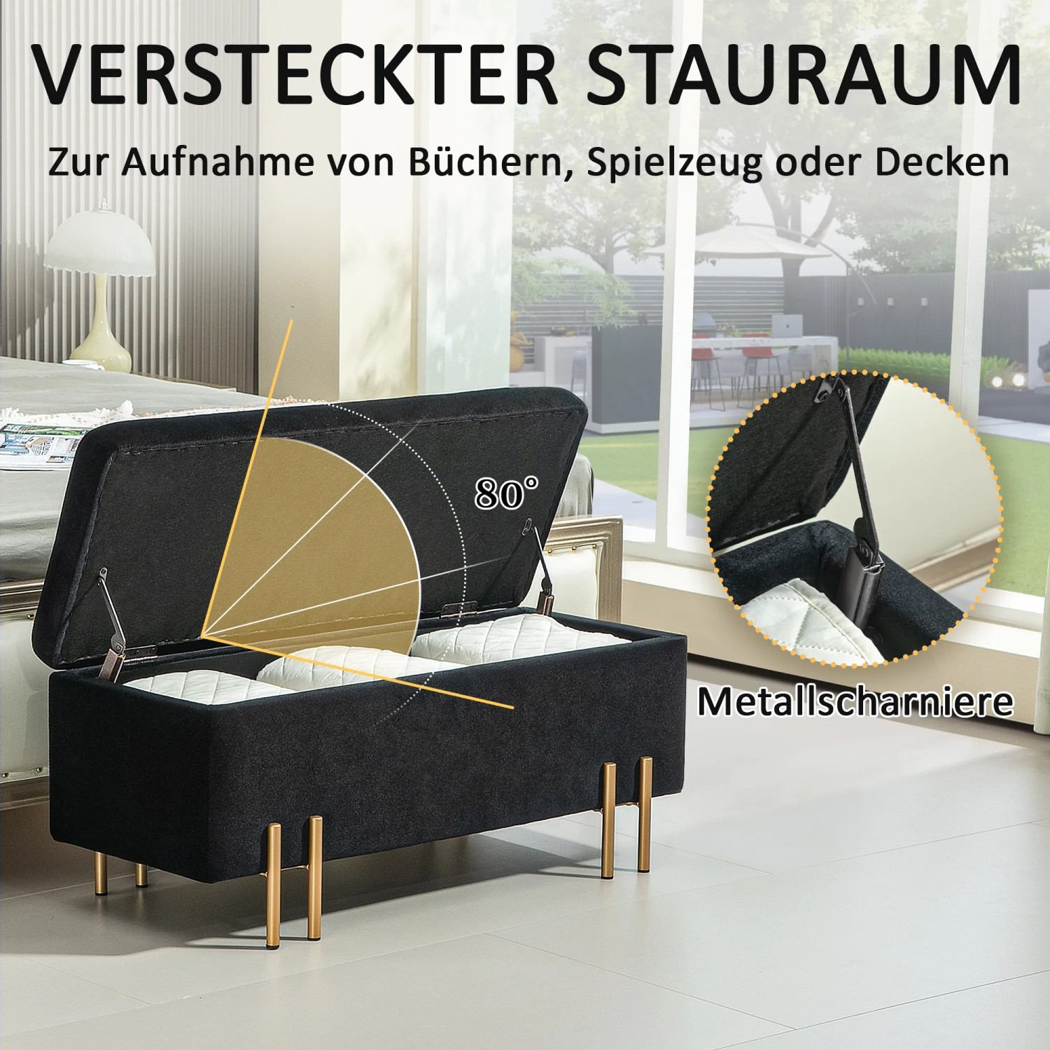 Offene schwarze Samt Sitzbank mit Stauraum und goldenen Füßen zeigt Innenraum und Metallscharniere.