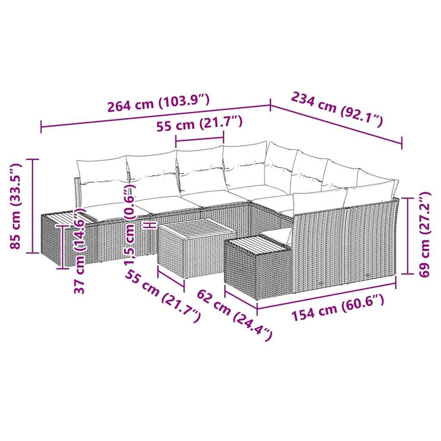 vidaXL 9-tlg. Garten-Sofa-Set aus Poly Rattan in Schwarz mit Maßen.