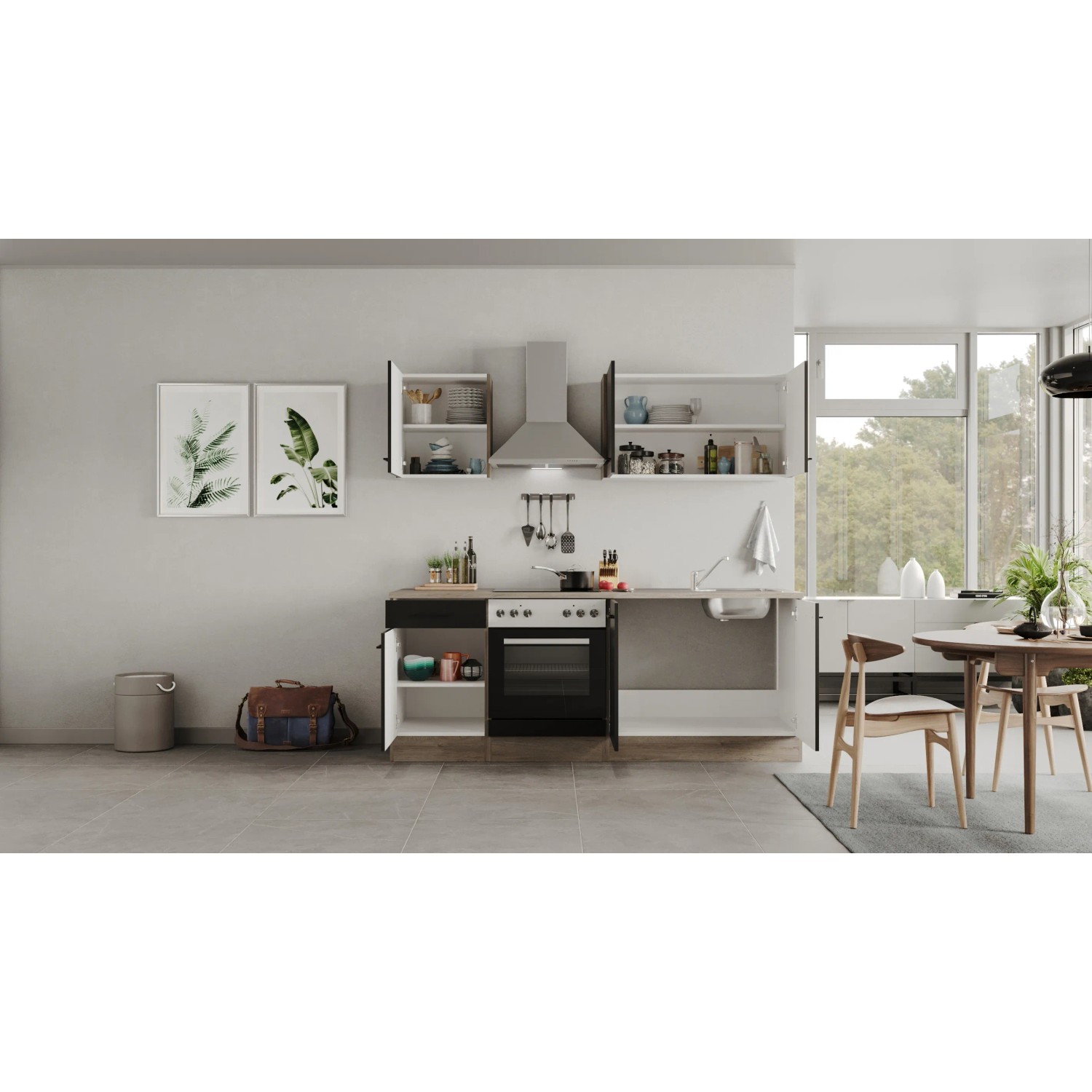 Flex-Well Küchenzeile Capri, 210 cm, Schwarz Matt/Endgrain Oak, mit E-Geräten und Spüle.