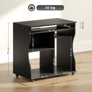 Schwarzer HOMCOM Computertisch aus Spanplatte mit Rollen, 80x48x75cm.