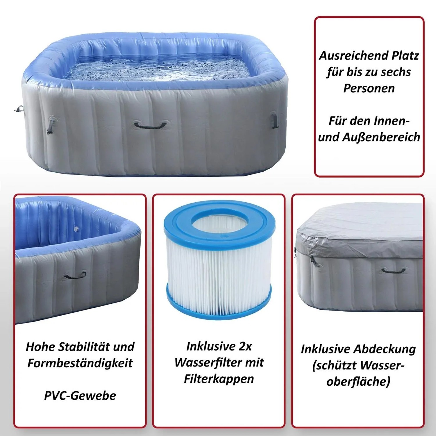 Aufblasbarer, eckiger MCW Whirlpool N97 für 6 Personen in Grau-Blau mit Zubehör.