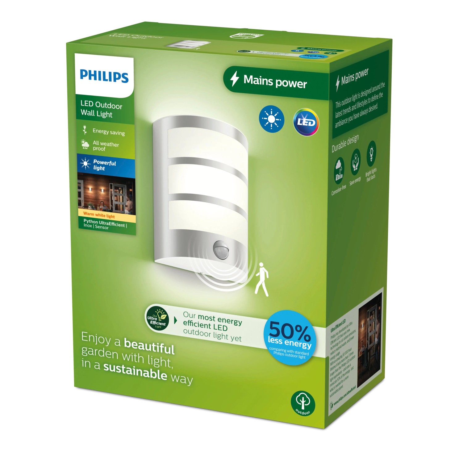 Verpackung der Philips Python LED-Außenwandleuchte mit Bewegungssensor, Edelstahloptik.
