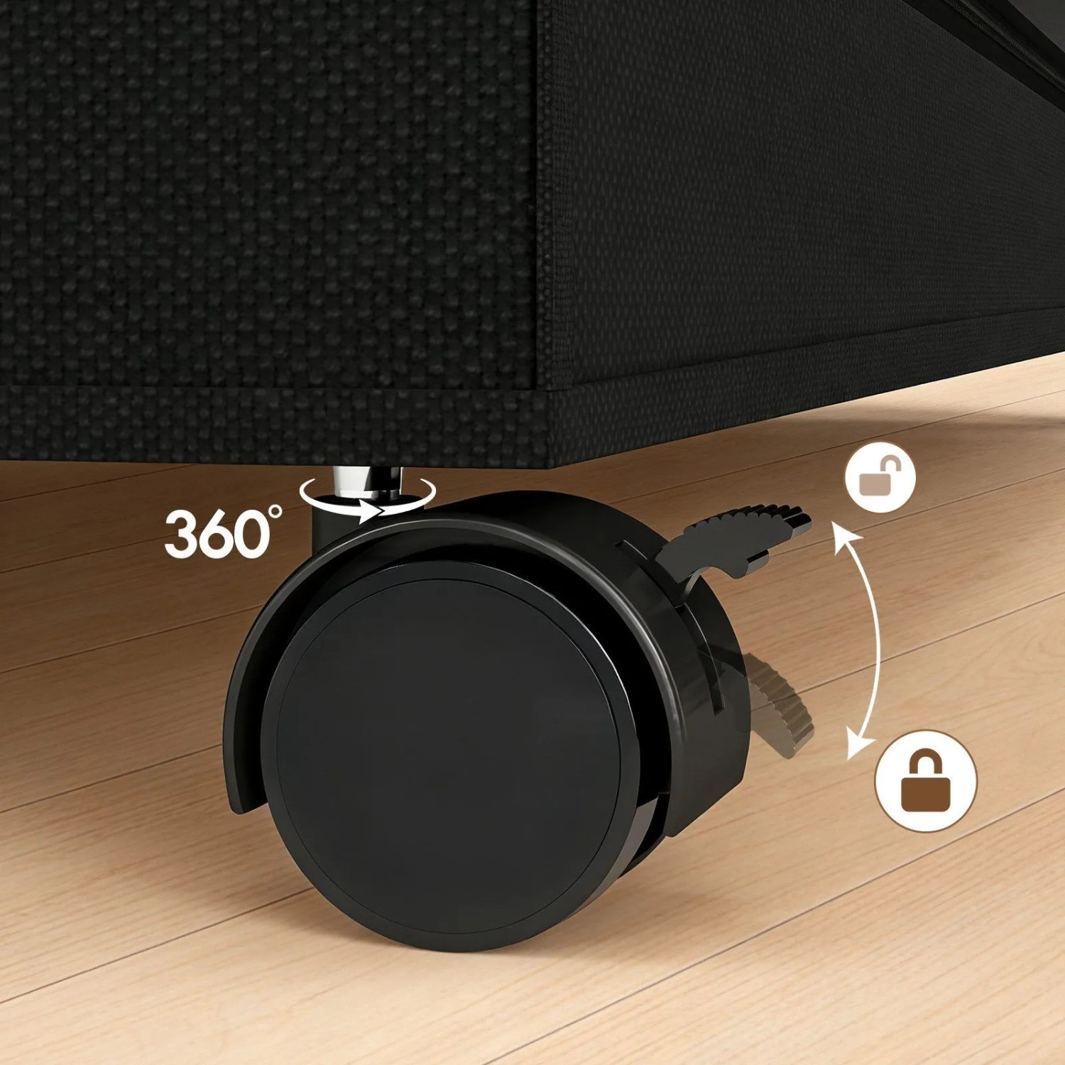 Detailansicht: Schwarze 360° drehbare Rolle mit Feststellbremse an einer Unterbett Aufbewahrungsbox aus Textil.