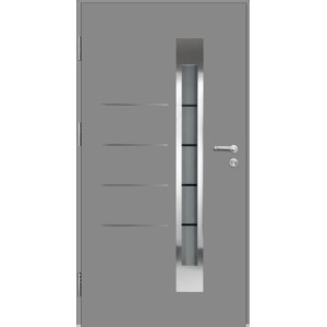 Moderne, graue Splendoor Thermospace Haustür Berlin Prime mit Glaseinsatz und Edelstahlapplikationen.