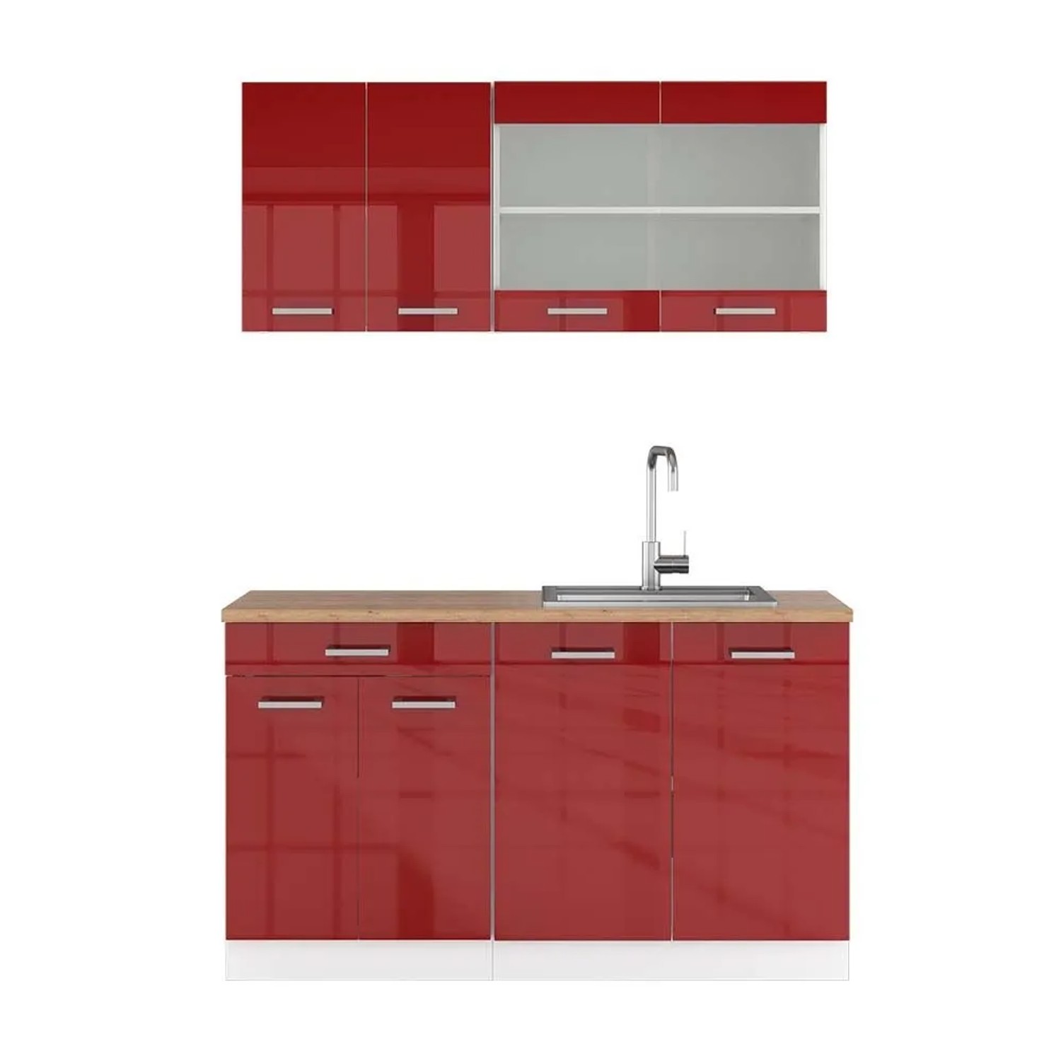 Vicco R-Line Singleküche Bordeaux Hochglanz Weiß 140 cm AP Eiche ohne E-Geräte