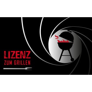 Schwarze Peyer Syntex Grillmatte 75x120cm mit "Lizenz zum Grillen" Motiv.