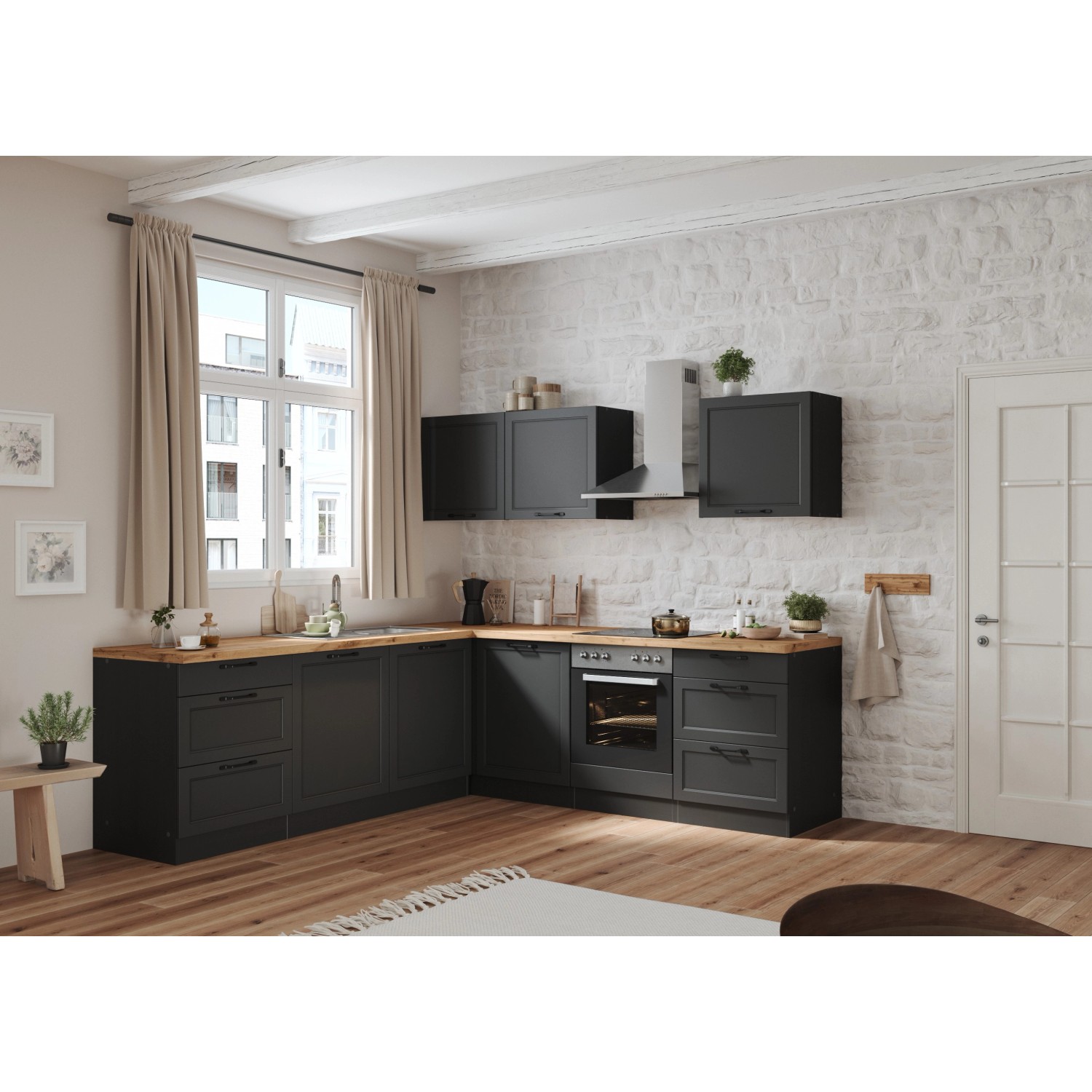 Moderne Held Winkelküche Kempten in Graphit/Grau ohne E-Geräte, 240 cm breit.