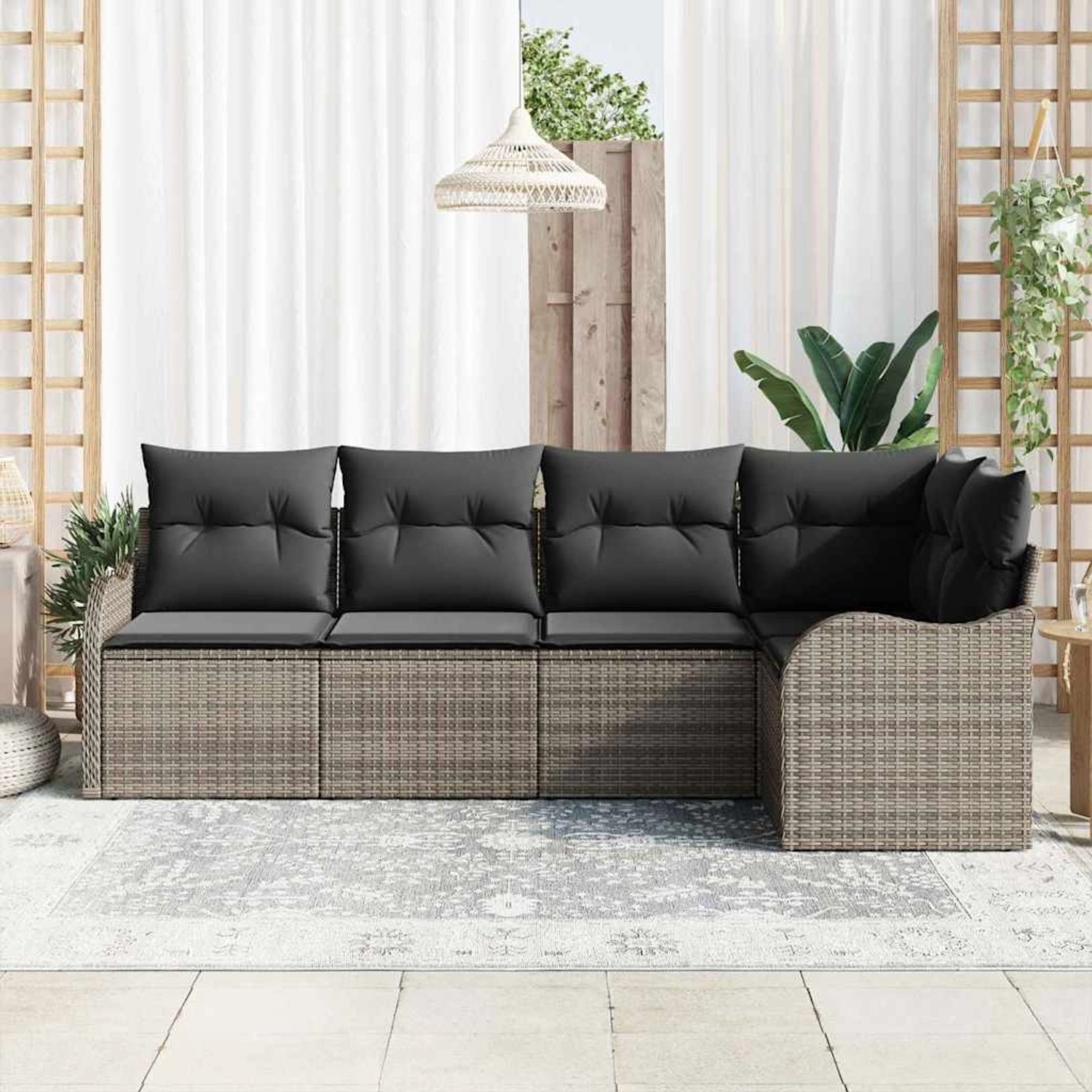 Graues 5-teiliges vidaXL Garten-Sofa-Set aus Poly Rattan mit Kissen.