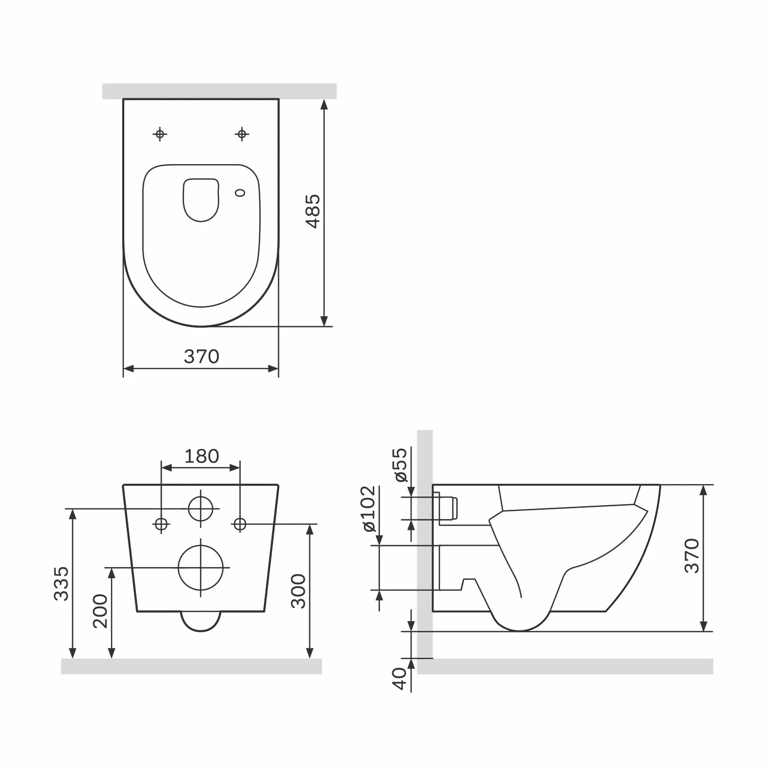 Technische Zeichnung: AM.PM Wand-WC mit Softclosing-Sitz, spülrandlose Hänge-Toilette CLA1900PSC FlashClean.