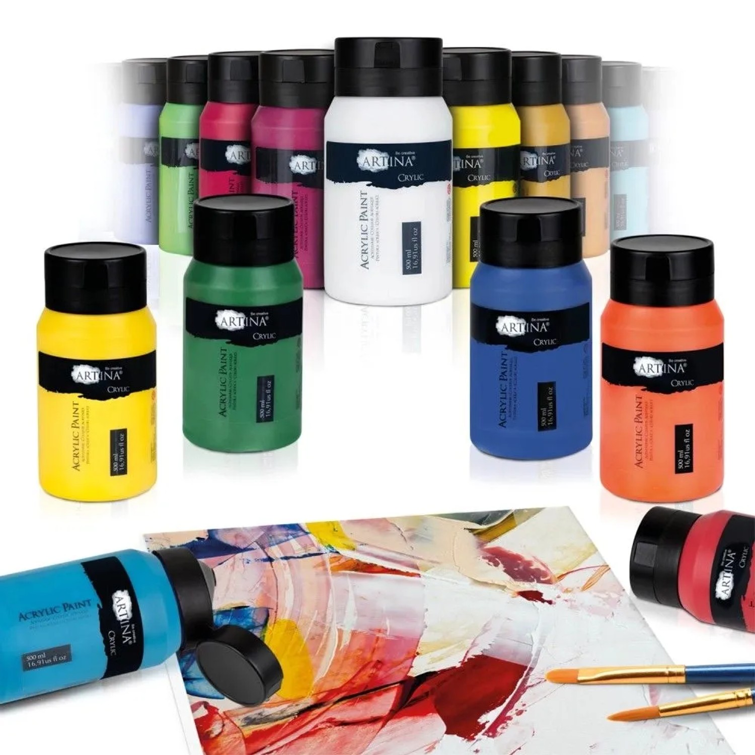 Artina Crylic Acrylfarben Set, 24 Farben à 500ml, mit Farbbeispielen und Pinseln.