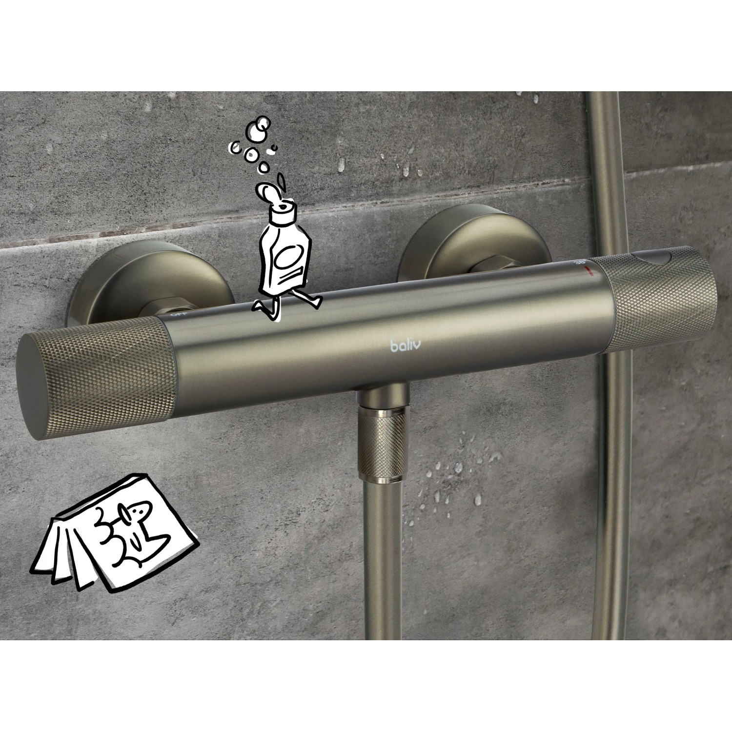 baliv Thermostat-Duscharmatur DU-2062 in Gunmetal. Moderne, wandmontierte Metallarmatur mit Cool-Feel-Funktion.
